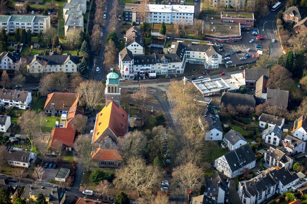 Bochum from above - Church building Evangelische Kirche Bochum Hiltrop on Frauenlobstrasse in the district Hiltrop in Bochum in the state North Rhine-Westphalia, Germany