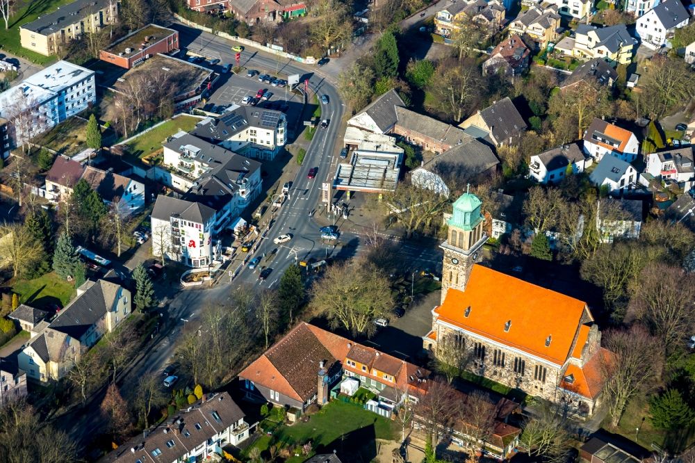 Aerial photograph Bochum - Church building Evangelische Kirche Bochum Hiltrop on Frauenlobstrasse in the district Hiltrop in Bochum in the state North Rhine-Westphalia, Germany