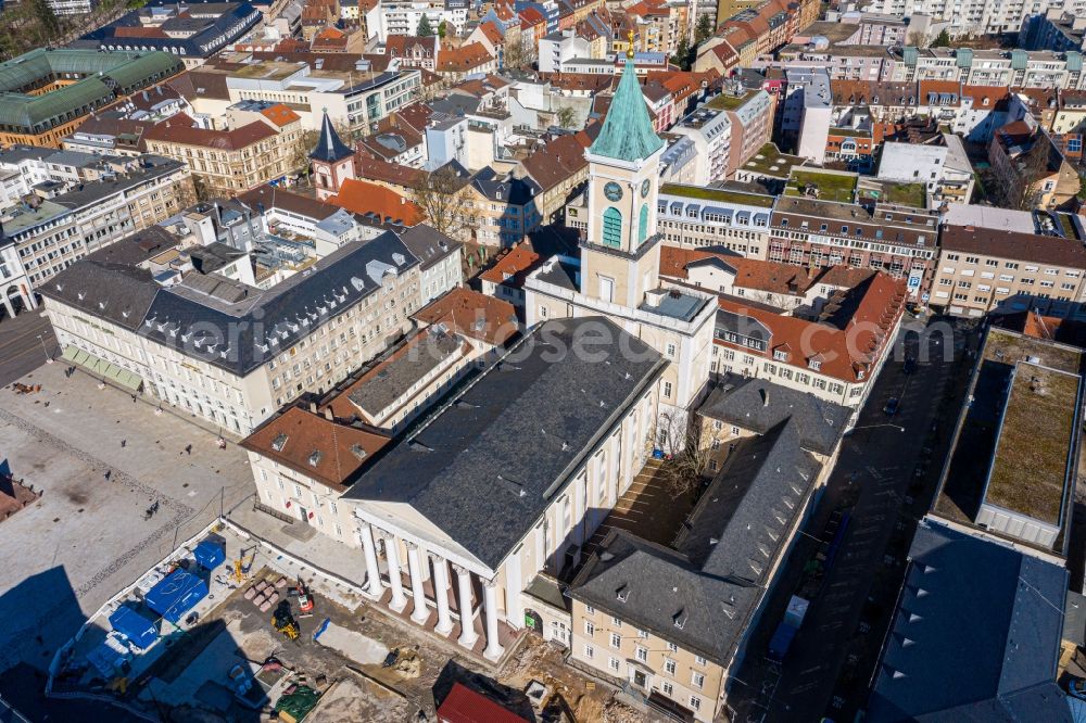 Karlsruhe from above - Church building in Evangelische Stadtkirche Old Town- center of downtown in the district Innenstadt in Karlsruhe in the state Baden-Wurttemberg, Germany