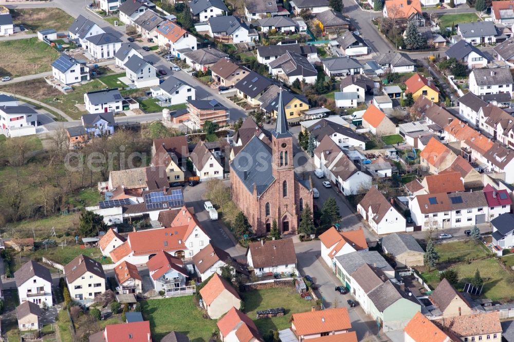 Dettenheim from above - Building evangelic Church Russheim in the district Russheim in Dettenheim in the state Baden-Wurttemberg, Germany