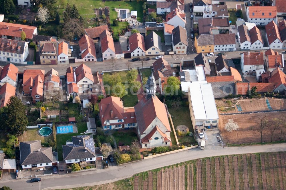 Aerial image Worms - Church building of Evangelic community Worms-Horchheim in Worms in the state Rhineland-Palatinate, Germany