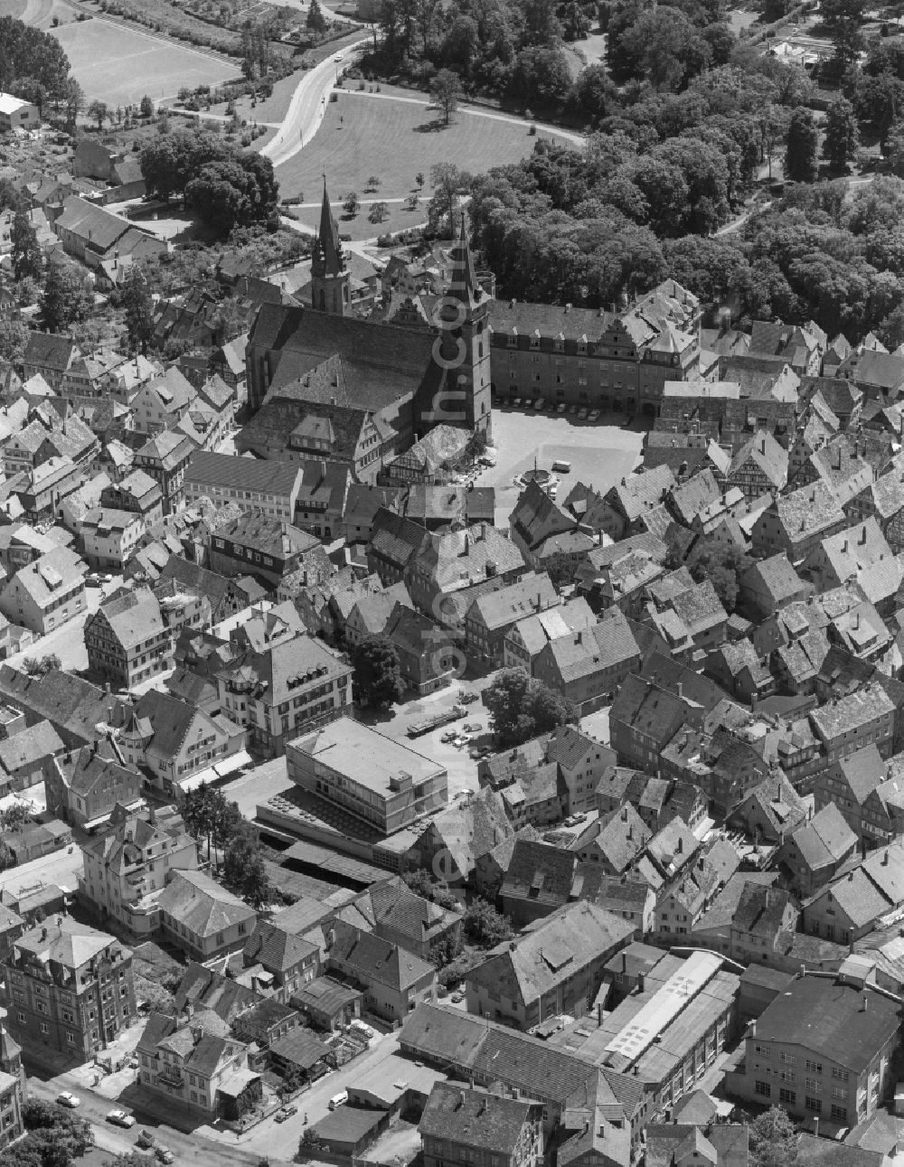 Aerial image Öhringen - Church building in of evangelischen Stiftskirche Old Town- center of downtown in Oehringen in the state Baden-Wuerttemberg, Germany