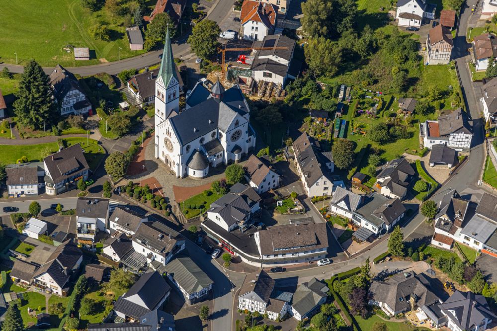 Heggen from above - Church building on Feuerteich in Heggen at Sauerland in the state North Rhine-Westphalia, Germany