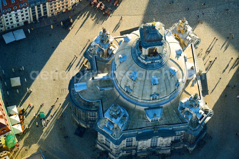 Aerial image Dresden - Church building in Frauenkirche Dresden on Neumarkt Old Town- center of downtown in the district Altstadt in Dresden in the state Saxony, Germany