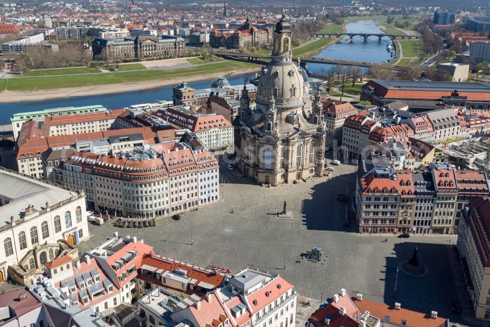 Dresden from above - Church building in Frauenkirche Dresden on Neumarkt Old Town- center of downtown in the district Altstadt in Dresden in the state Saxony, Germany