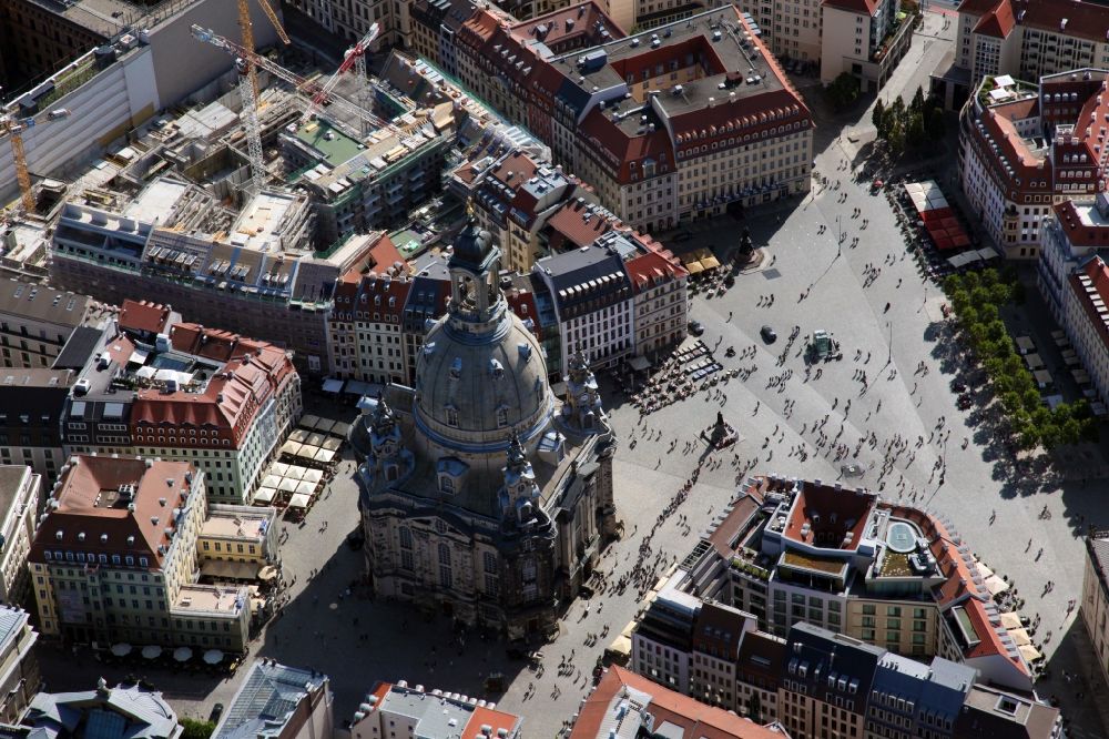 Dresden from above - Church building in Frauenkirche Dresden on Neumarkt Old Town- center of downtown in the district Altstadt in Dresden in the state Saxony, Germany