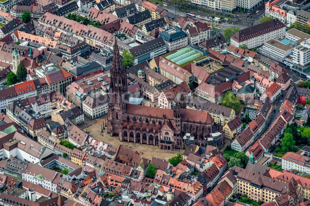 Freiburg im Breisgau from above - Church building of the cathedral of Freiburger Muenster in the district Zentrum in Freiburg im Breisgau in the state Baden-Wurttemberg, Germany