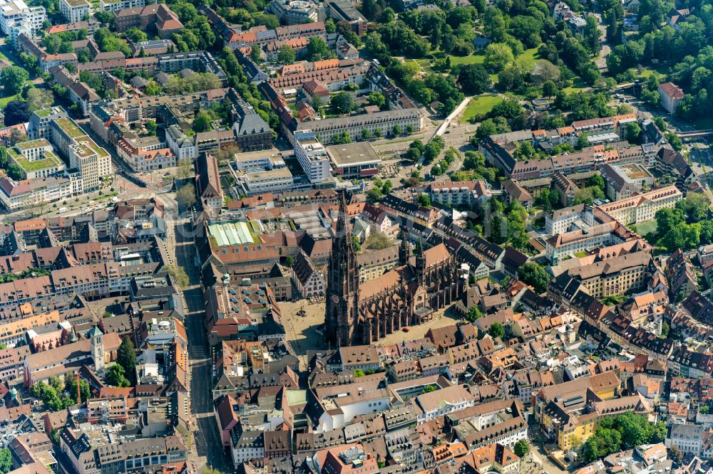 Freiburg im Breisgau from above - Church building of the cathedral of Freiburger Muenster in the district Zentrum in Freiburg im Breisgau in the state Baden-Wurttemberg, Germany