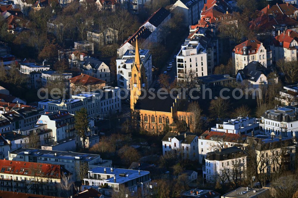 Leipzig from above - Church building Friedenskirche on place Kirchplatz in the district Gohlis in Leipzig in the state Saxony, Germany