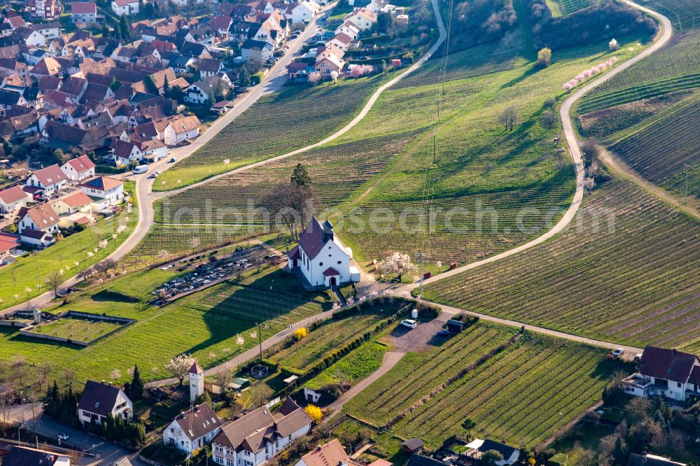 Aerial image Gleiszellen-Gleishorbach - Churches building of the wedding-chapel Dionysius and grave-yard in the wine-yards near the district Gleishorbach in Gleiszellen-Gleishorbach in the state Rhineland-Palatinate