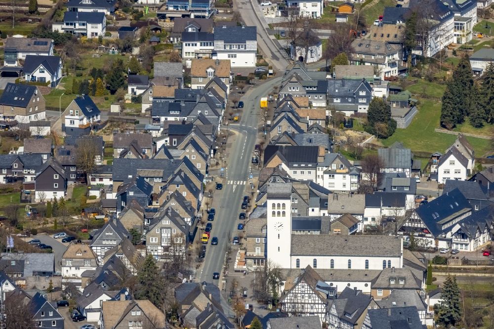 Aerial image Fredeburg - Church building in St. Georg Old Town- center of downtown in Fredeburg at Sauerland in the state North Rhine-Westphalia, Germany