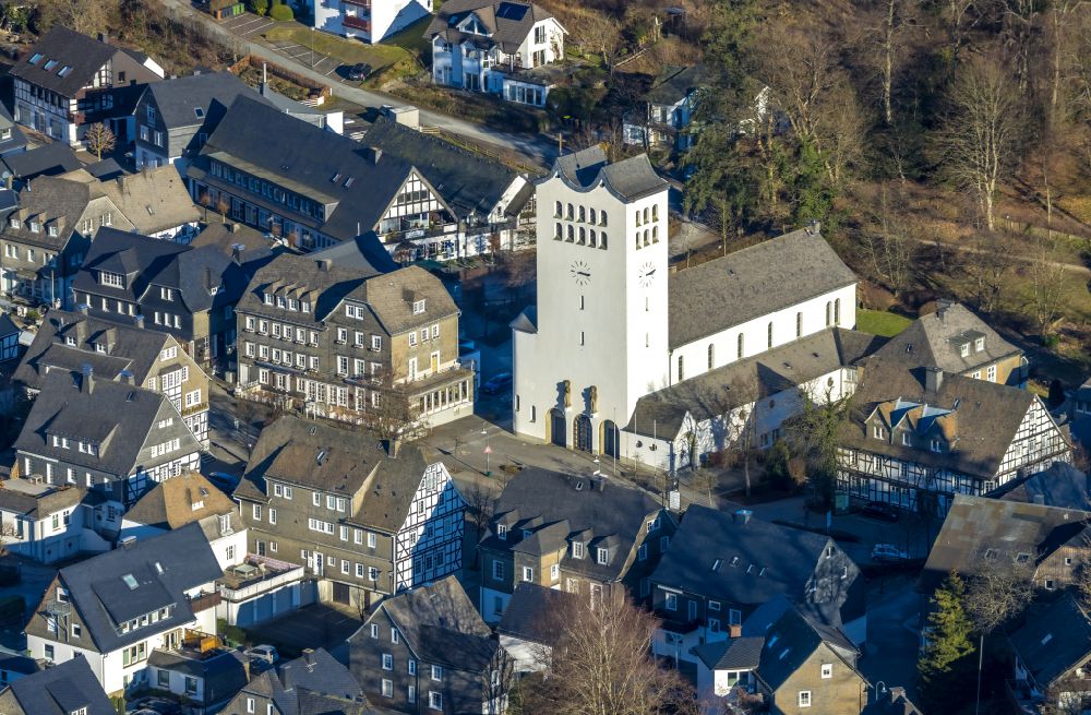 Fredeburg from above - Church building in St. Georg on place Kirchplatz in Fredeburg at Sauerland in the state North Rhine-Westphalia, Germany