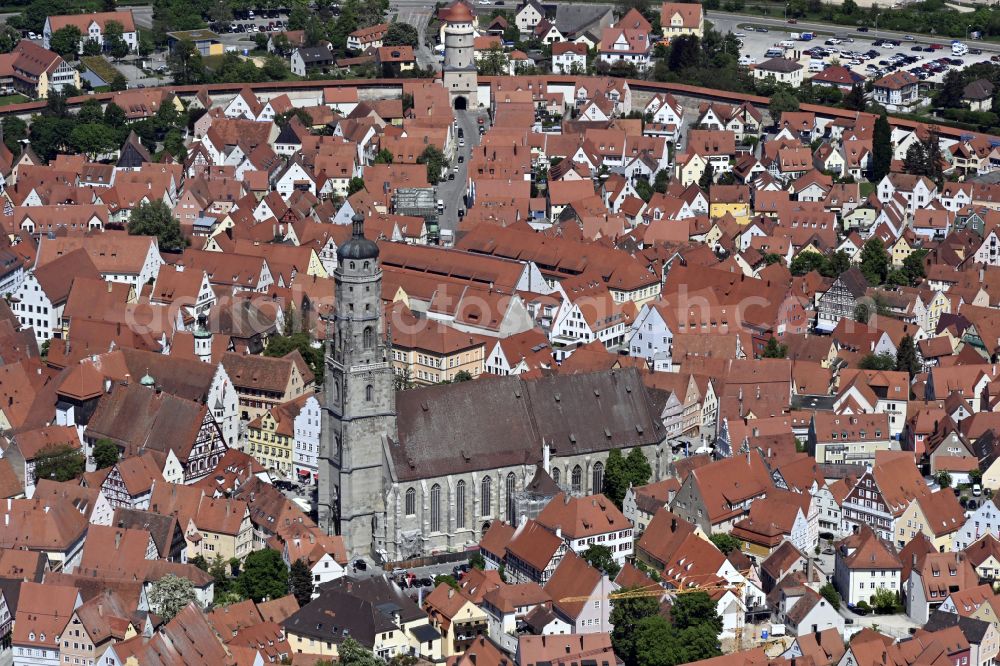 Nördlingen from above - Church building in St. Georg Old Town- center of downtown on place Marktplatz in Noerdlingen in the state Bavaria, Germany