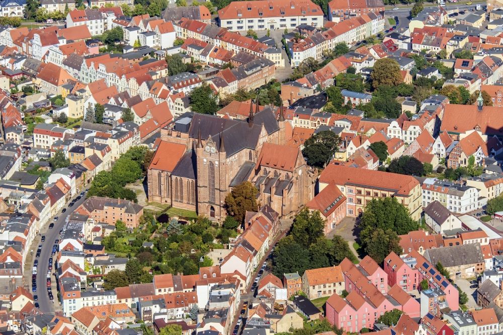 Wismar from above - Church building St. Georgenkirche in Wismar in the state Mecklenburg - Western Pomerania, Germany