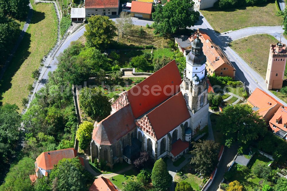Kamenz from above - Church building Hauptkirche St Marien on street Kirchstrasse in Kamenz in the state Saxony, Germany
