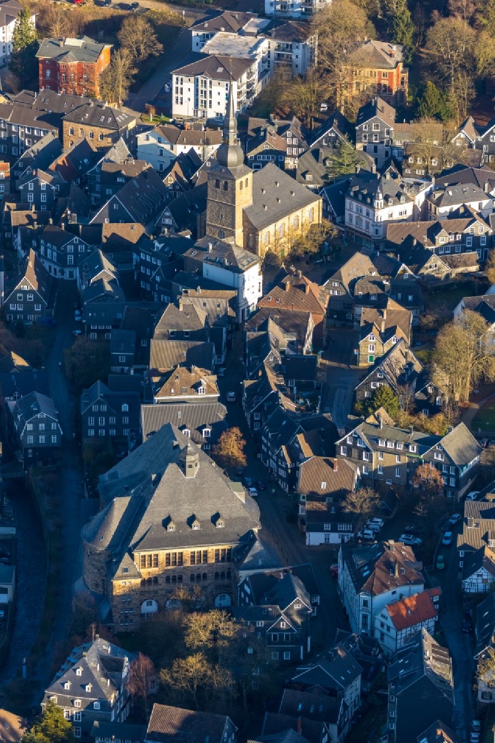 Velbert from above - Church building in on Hauptstrasse Old Town- center of downtown in the district Langenberg in Velbert in the state North Rhine-Westphalia, Germany