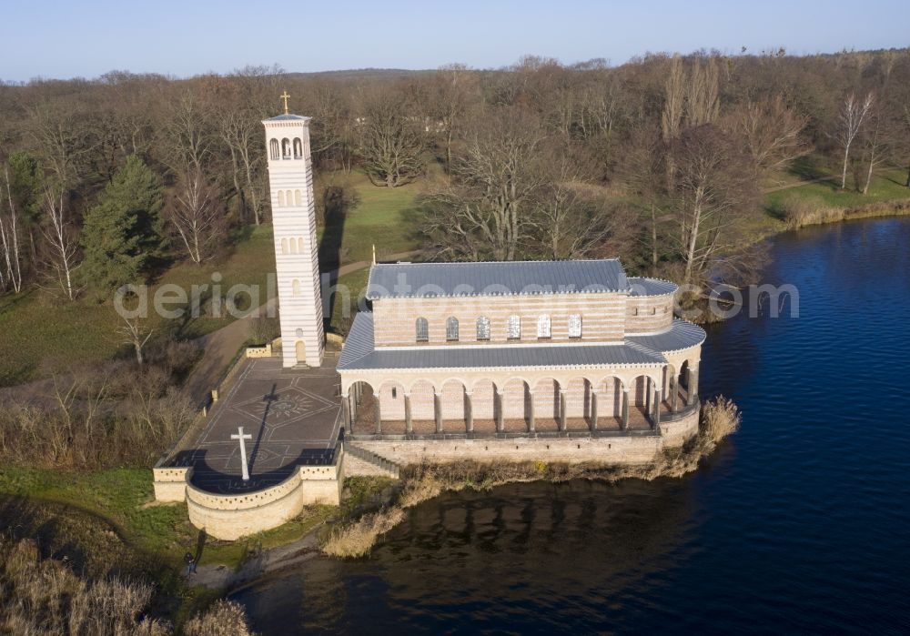 Sacrow from above - Church building Heilandskirche on Havel in Sacrow in the state Brandenburg, Germany