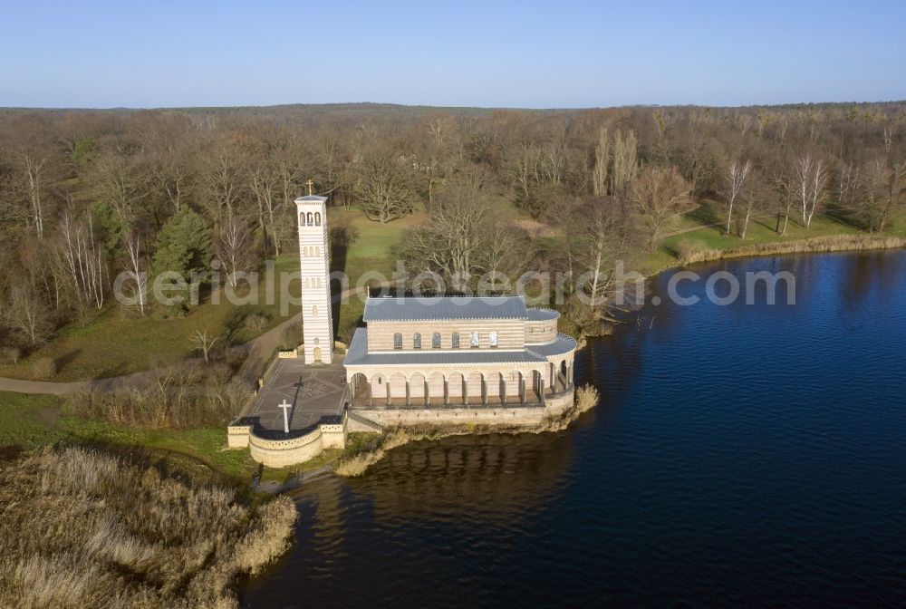 Sacrow from the bird's eye view: Church building Heilandskirche on Havel in Sacrow in the state Brandenburg, Germany