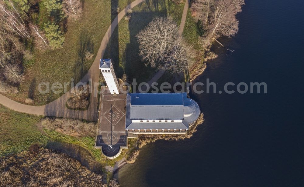 Aerial image Sacrow - Church building Heilandskirche on Havel in Sacrow in the state Brandenburg, Germany
