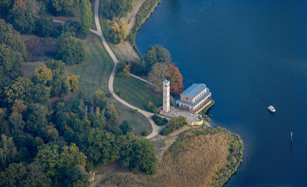 Aerial image Sacrow - Church building Heilandskirche on Havel in Sacrow in the state Brandenburg, Germany