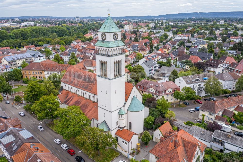 Aerial photograph Karlsruhe - Church building Heilig-Geist-Kirche in the district Daxlanden in Karlsruhe in the state Baden-Wuerttemberg, Germany