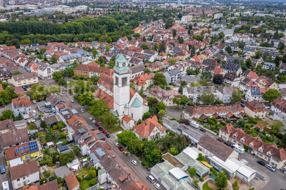 Karlsruhe from above - Church building Heilig-Geist-Kirche in the district Daxlanden in Karlsruhe in the state Baden-Wuerttemberg, Germany