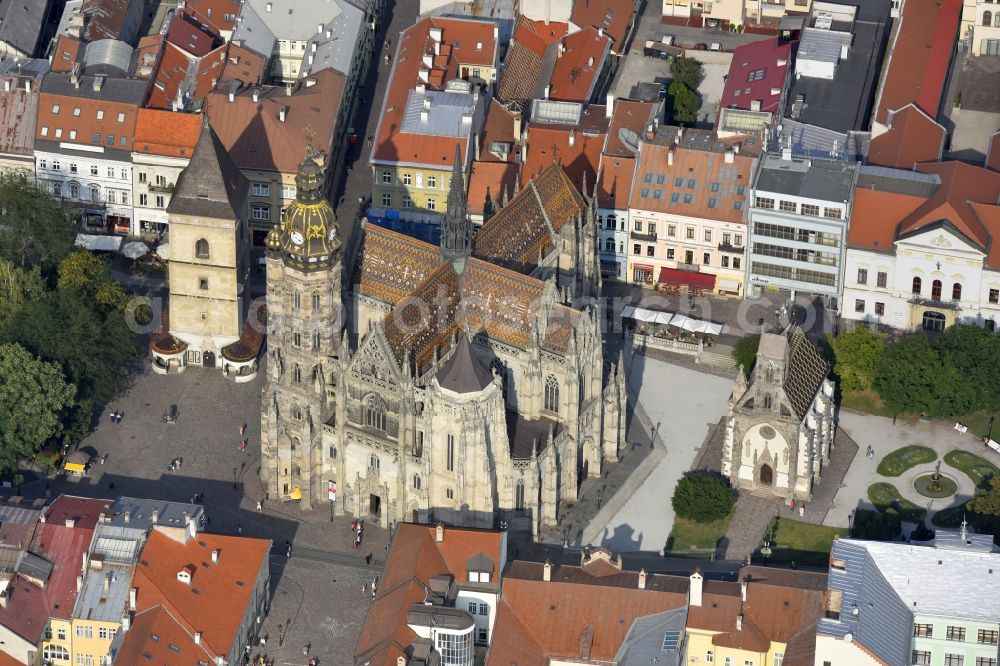 Aerial image Kosice - Church building of the cathedral of of Heiligen Elisabeth in the district Stare Mesto in Kosice in Kosicky kraj, Slovakia