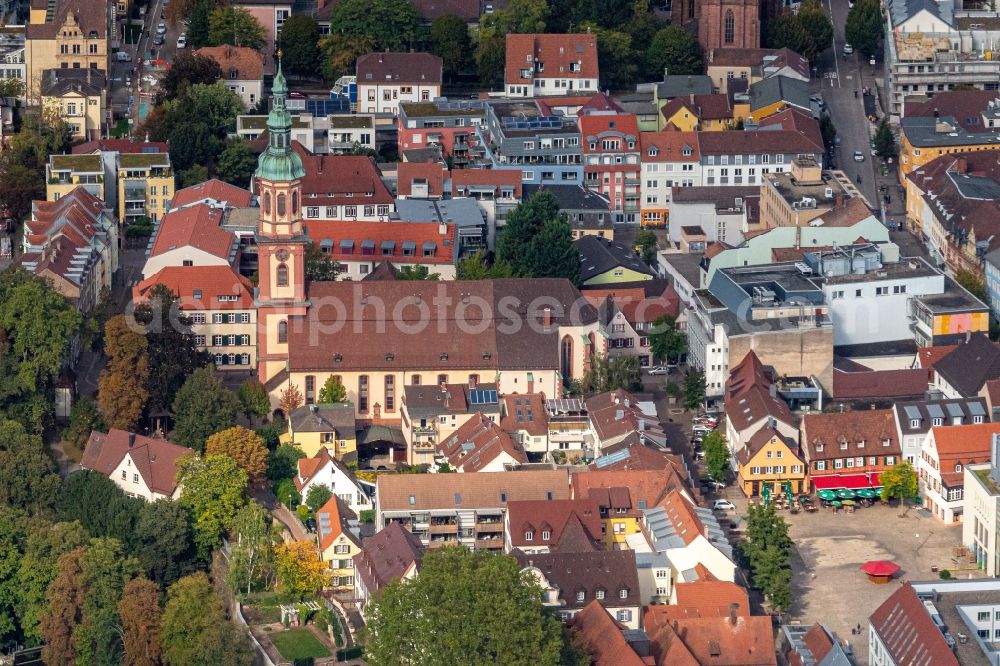 Offenburg from above - Church building in Heiligkreuzkirche Old Town- center of downtown in Offenburg in the state Baden-Wurttemberg, Germany