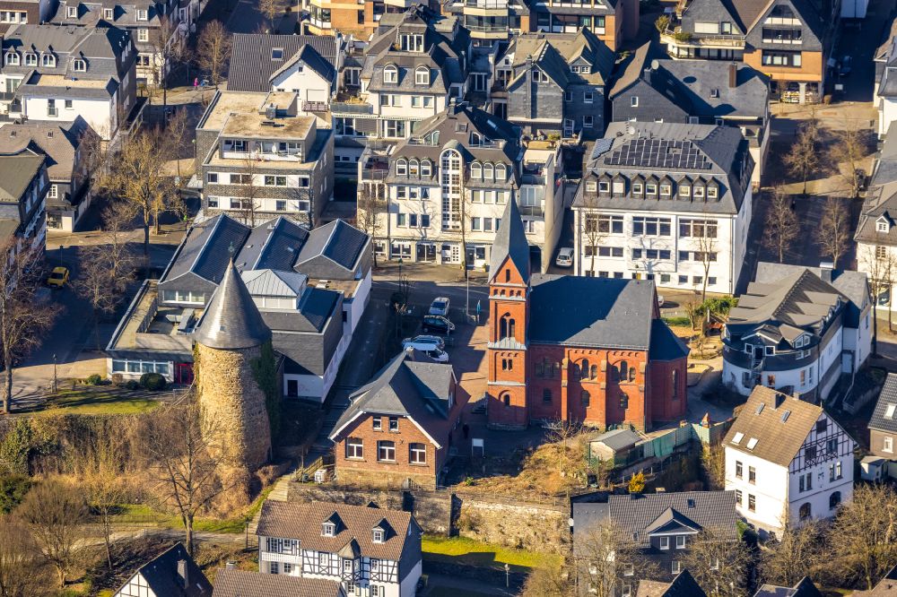 Aerial image Olpe - Church building and Hexenturm on street Frankfurter Strasse in Olpe at Sauerland in the state North Rhine-Westphalia, Germany