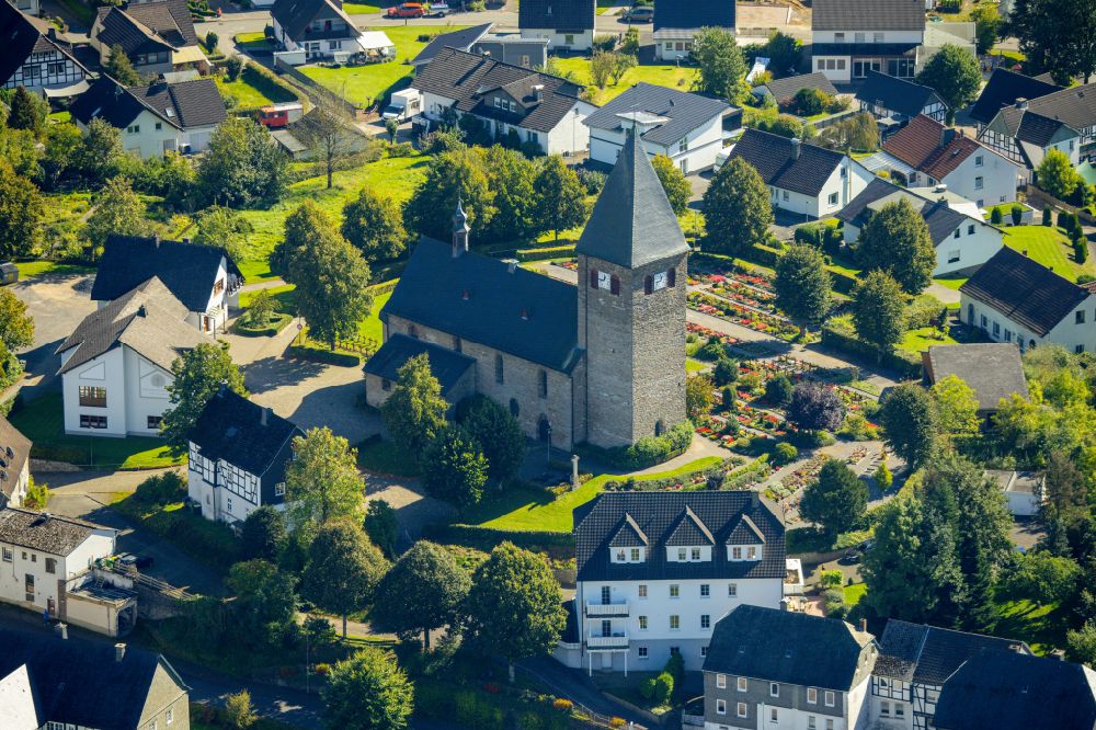 Aerial image Helden - Church building St. Hippolytus on place Notburgaplatz in Helden in the state North Rhine-Westphalia, Germany