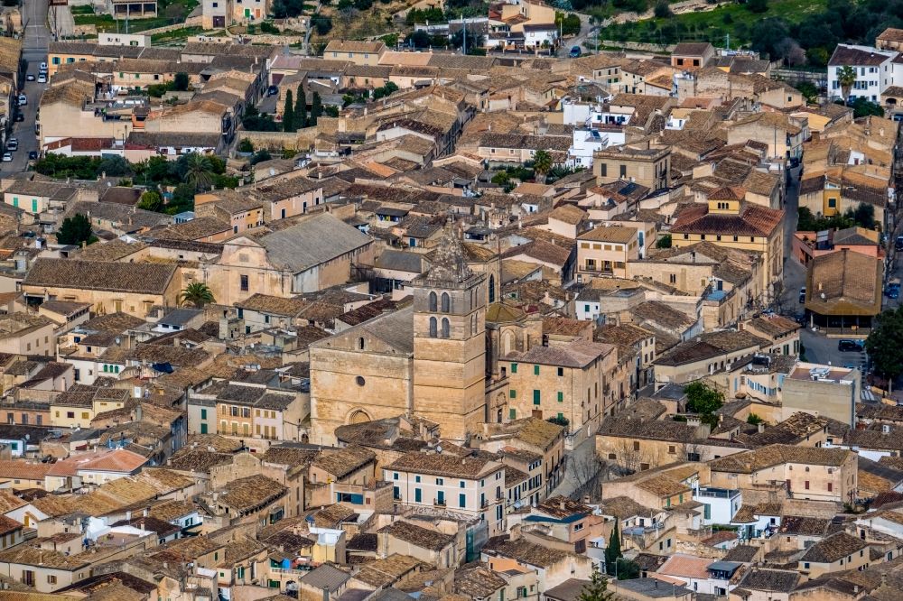 Sineu from the bird's eye view: Church building Iglesia Santa Maria in the old town center of the city center in Sineu in Balearic island Mallorca, Spain