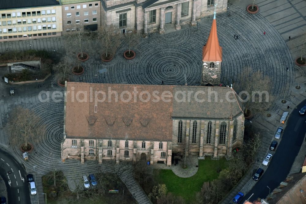 Aerial image Nürnberg - Church building in St. Jakob - Jakobskirche on place Jakobspatz in Old Town- center of downtown in the district Altstadt - Sankt Lorenz in Nuremberg in the state Bavaria, Germany