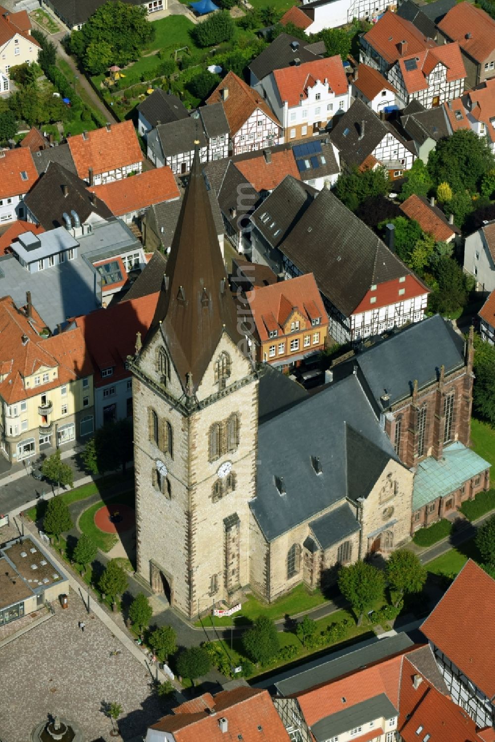 Aerial photograph Warburg - Church building in St. Johannes Old Town- center of downtown in Warburg in the state North Rhine-Westphalia, Germany