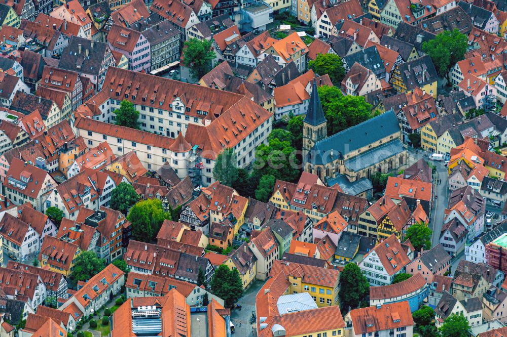 Aerial image Tübingen - Church building in Johannes Kirche Old Town- center of downtown in Tuebingen in the state Baden-Wuerttemberg, Germany
