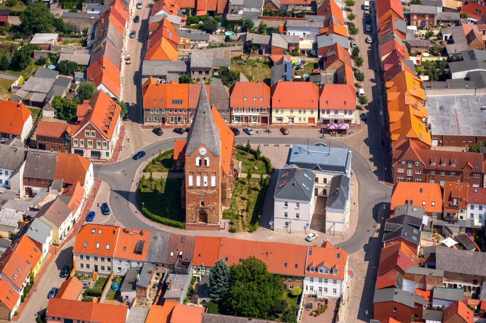 Neukalen from above - Church building of the evangelic Johanneschurch in the Old Town- center of downtown in Neukalen in the state Mecklenburg - Western Pomerania