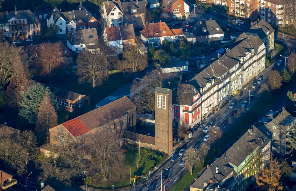 Aerial image Gladbeck - Church building St. Johanneskirche in Gladbeck in the state North Rhine-Westphalia, Germany
