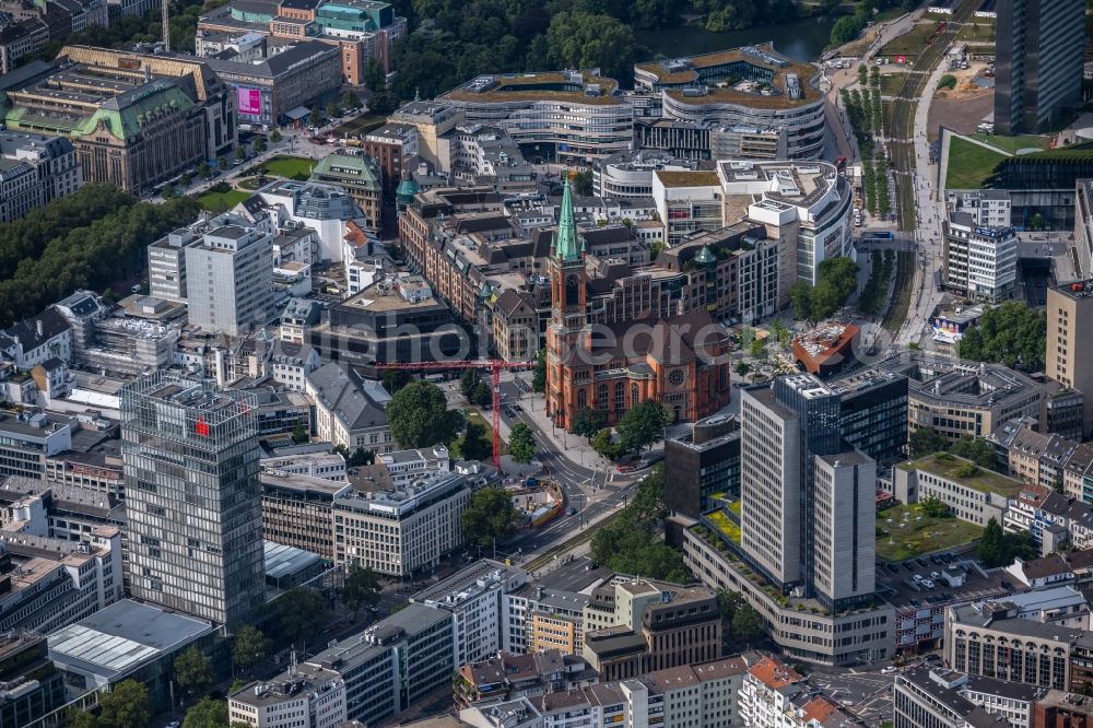 Aerial photograph Düsseldorf - Church building Johanneskirche on Martin-Luther-Platz in Duesseldorf at Ruhrgebiet in the state North Rhine-Westphalia, Germany