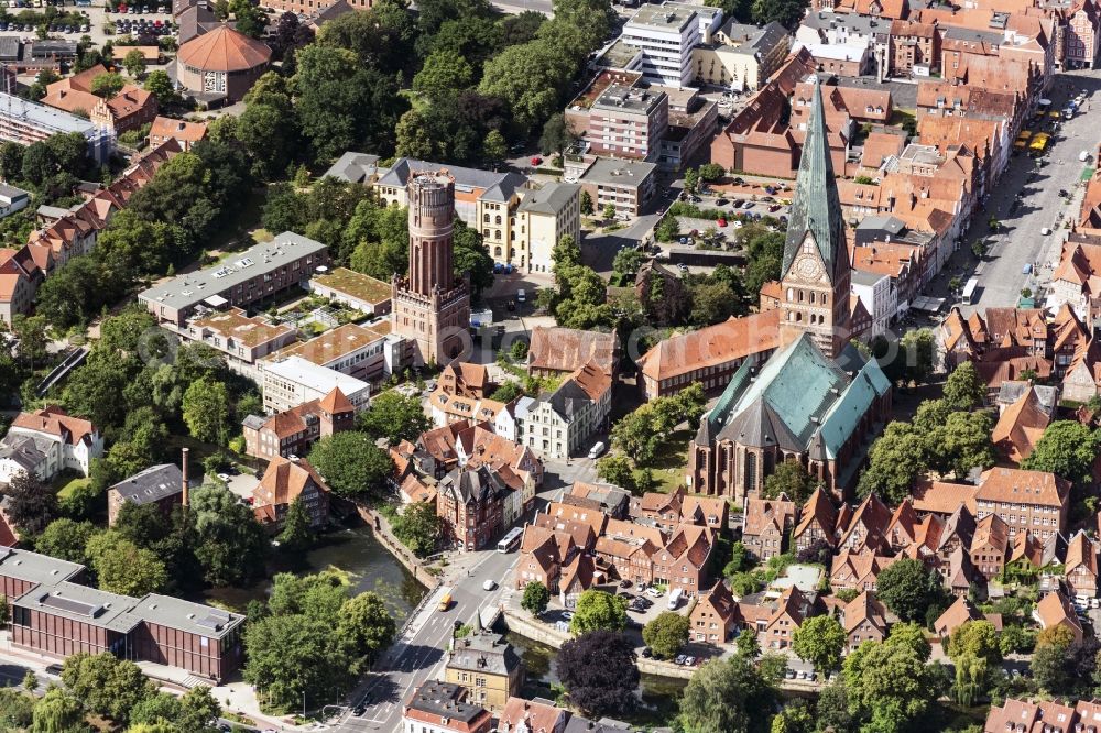 Aerial image Lüneburg - Church building in of St. Johannis in Old Town- center of downtown in Lueneburg in the state Lower Saxony, Germany