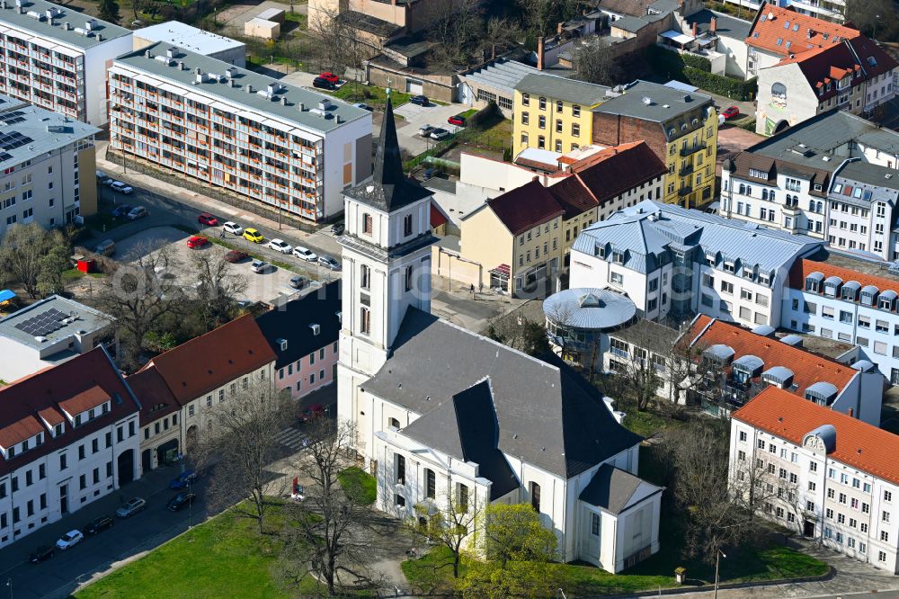 Dessau from the bird's eye view: Church building of the Johanniskirche on Johannisstrasse in Dessau in the state Saxony-Anhalt, Germany