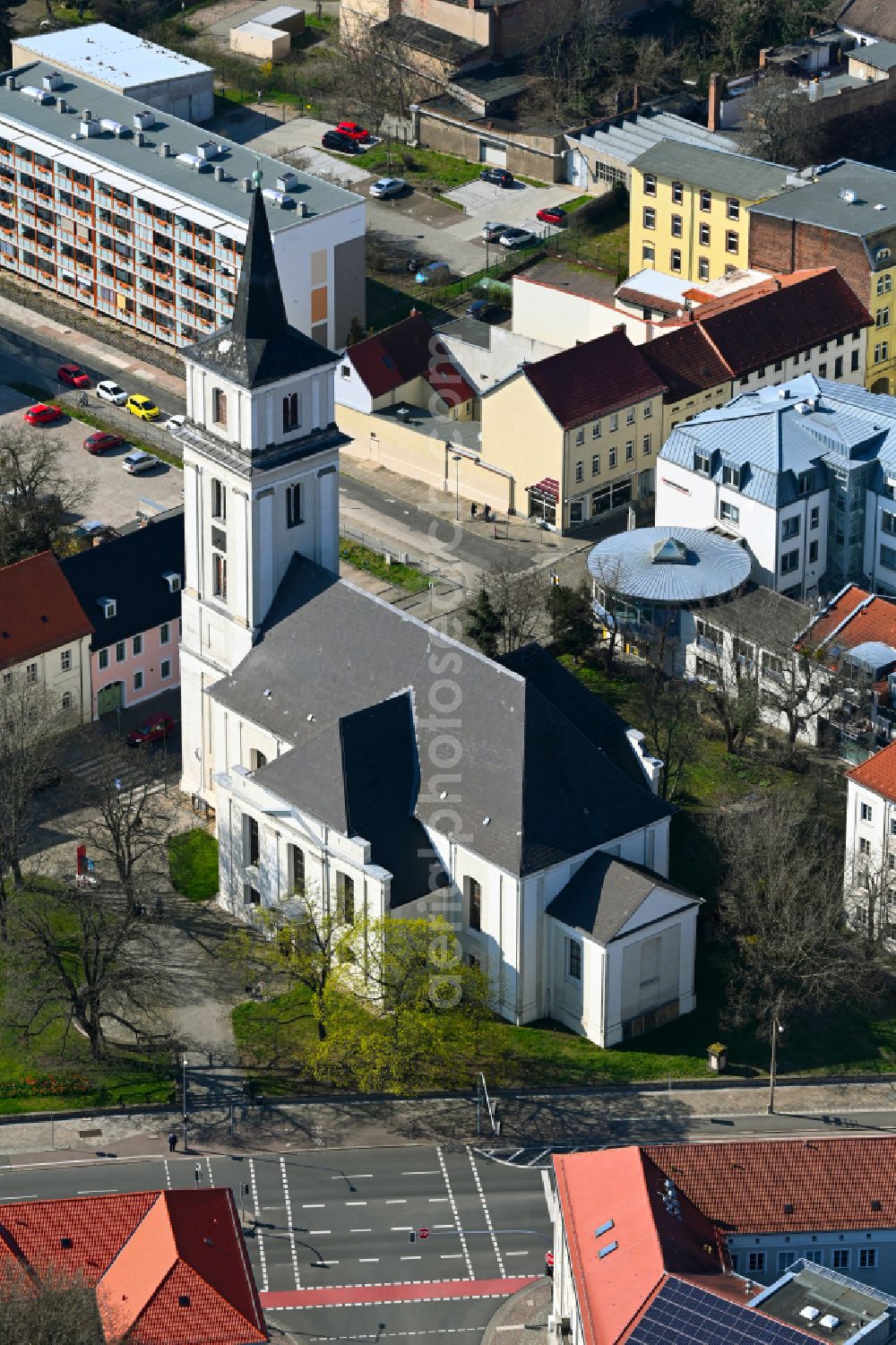 Aerial image Dessau - Church building of the Johanniskirche on Johannisstrasse in Dessau in the state Saxony-Anhalt, Germany