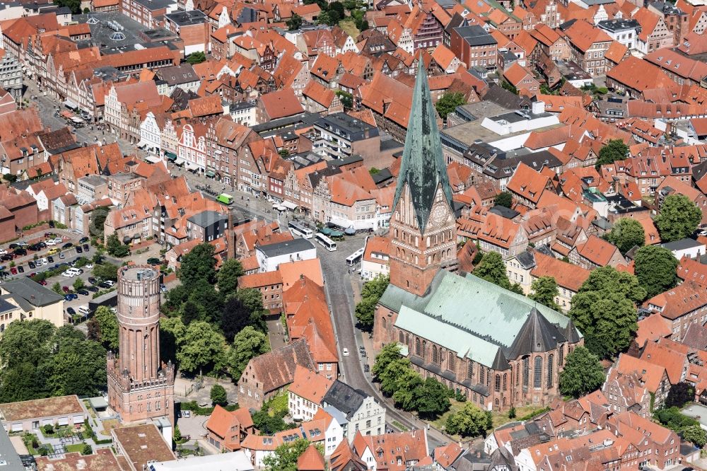 Aerial image Lüneburg - Church building St. Johanniskirche in Lueneburg in the state Lower Saxony, Germany