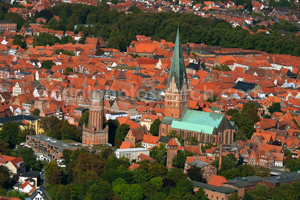 Lüneburg from above - Church building of the St. Johanniskirche in the old town in Lueneburg in the state Lower Saxony, Germany