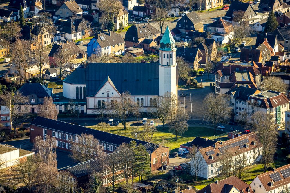 Aerial image Castrop-Rauxel - Church building St. Josef on street Lessingstrasse in the district Habinghorst in Castrop-Rauxel at Ruhrgebiet in the state North Rhine-Westphalia, Germany
