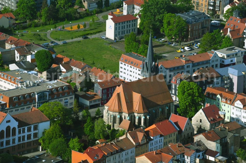 Mühlhausen from above - Church building in St. Josef - roemisch-katholische Pfarrkirche Old Town- center of downtown in Muehlhausen in the state Thuringia, Germany
