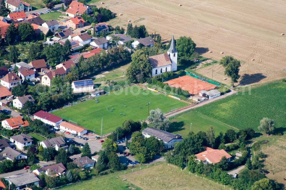 Altdorf from above - Churches building the chapel at soccer-field in Altdorf in the state Rhineland-Palatinate
