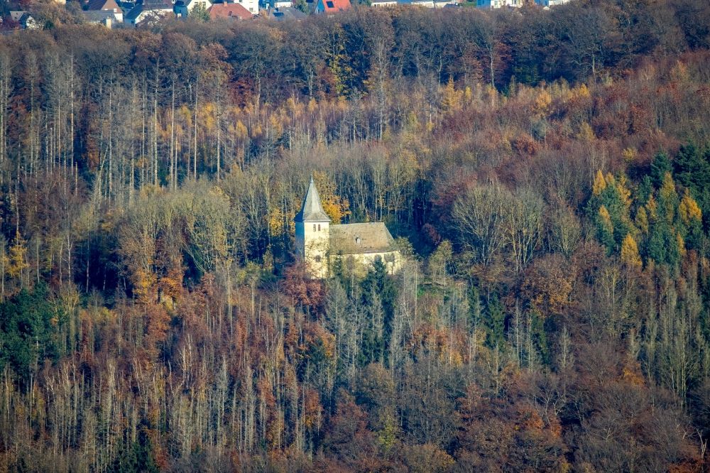 Ense from above - Churches building the chapel on Fuerstenberg in Ense in the state North Rhine-Westphalia, Germany