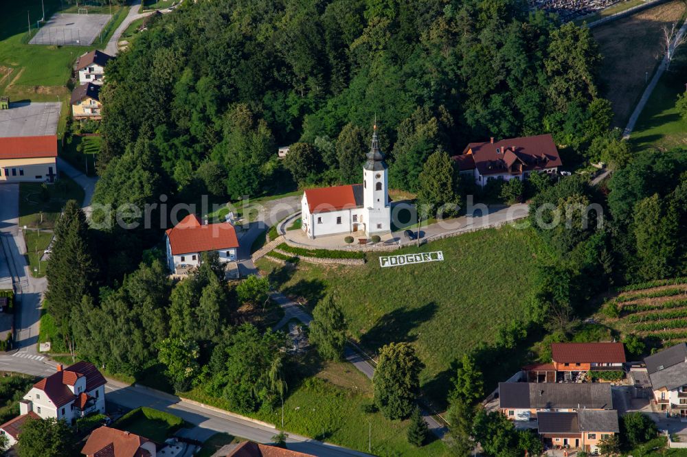 Podgorci from the bird's eye view: Churches building the chapel Zupnijska cerkev sv. Lenarta in Podgorci in Ormoz, Slovenia