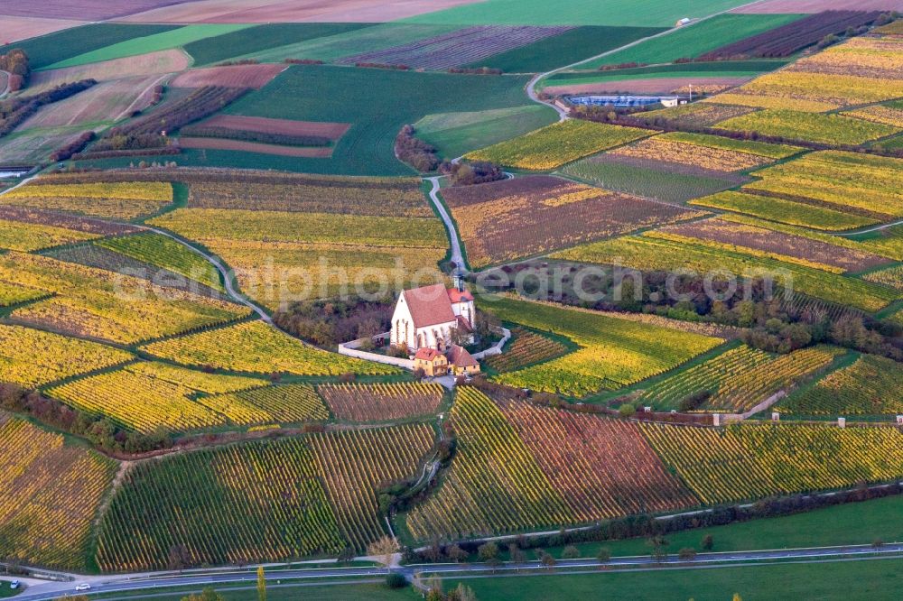 Aerial image Volkach - Churches building the chapel Wallfahrtskirche Maria in Weingarten in Volkach in the state Bavaria, Germany