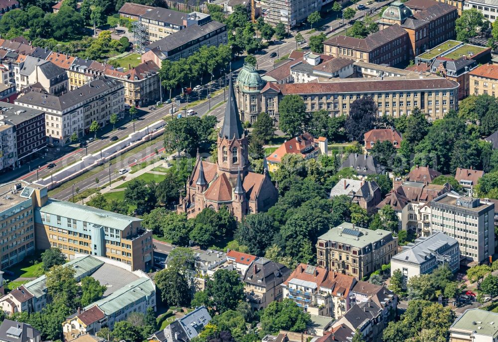 Karlsruhe from above - Churches building the chapel Christuskirche in Karlsruhe in the state Baden-Wuerttemberg, Germany