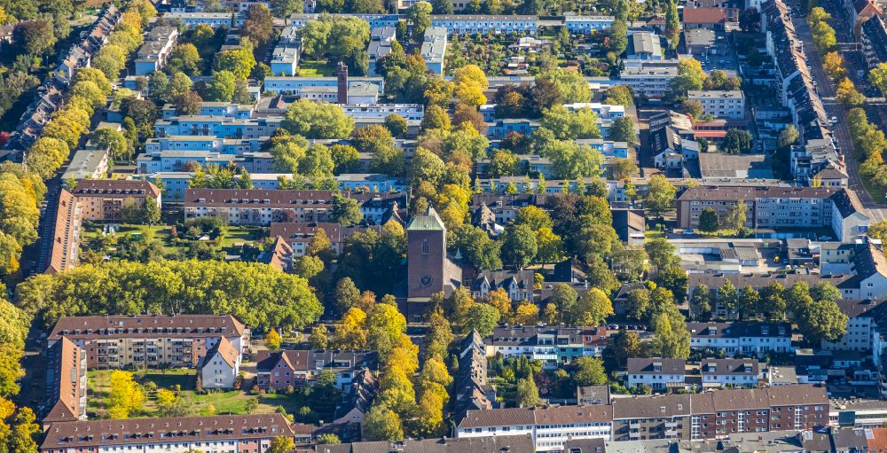 Aerial photograph Duisburg - Church building of Kath. Kirche St. Gabriel on street Gneisenaustrasse in the district Neudorf-Sued in Duisburg at Ruhrgebiet in the state North Rhine-Westphalia, Germany